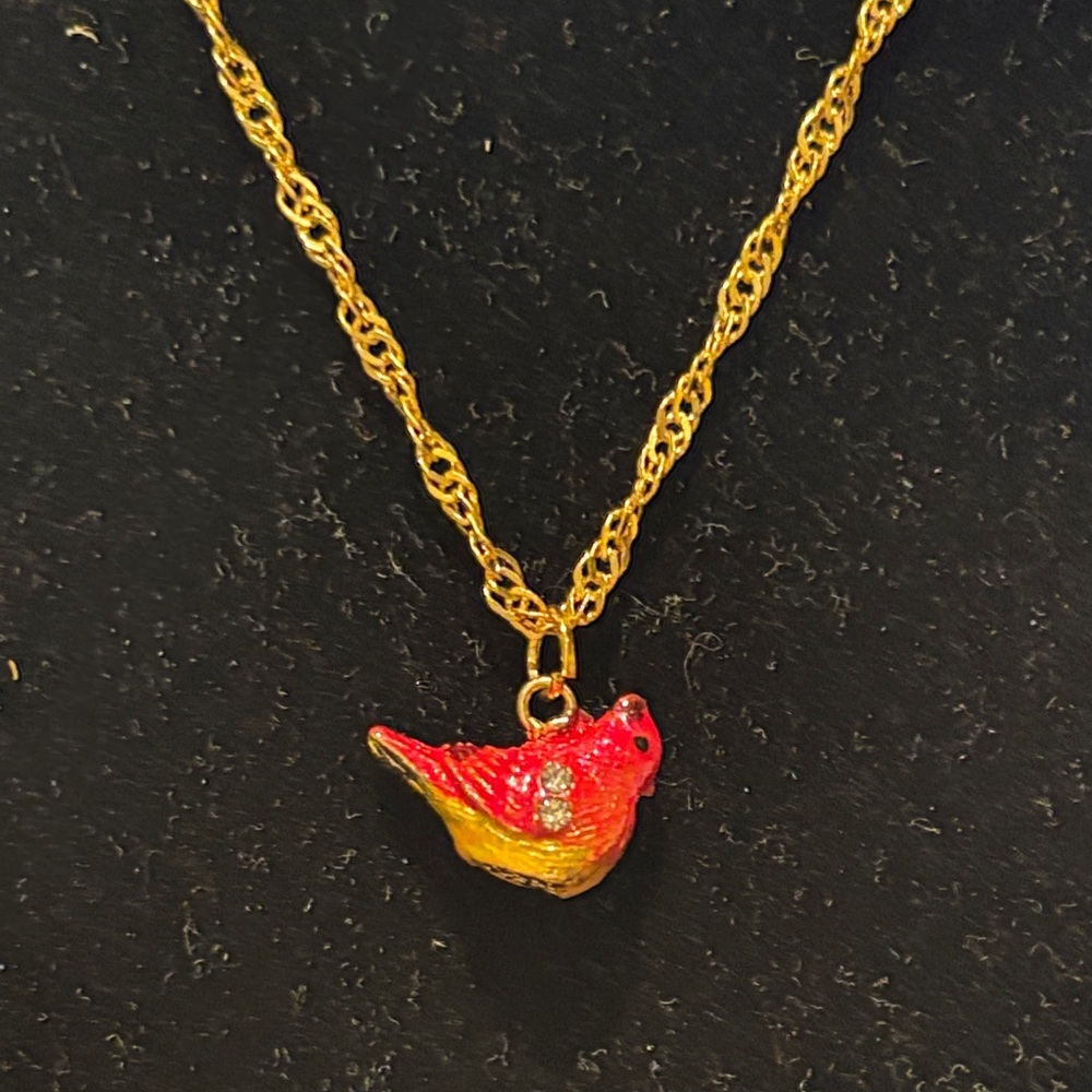 Gold and Red Bird Pendant Necklace